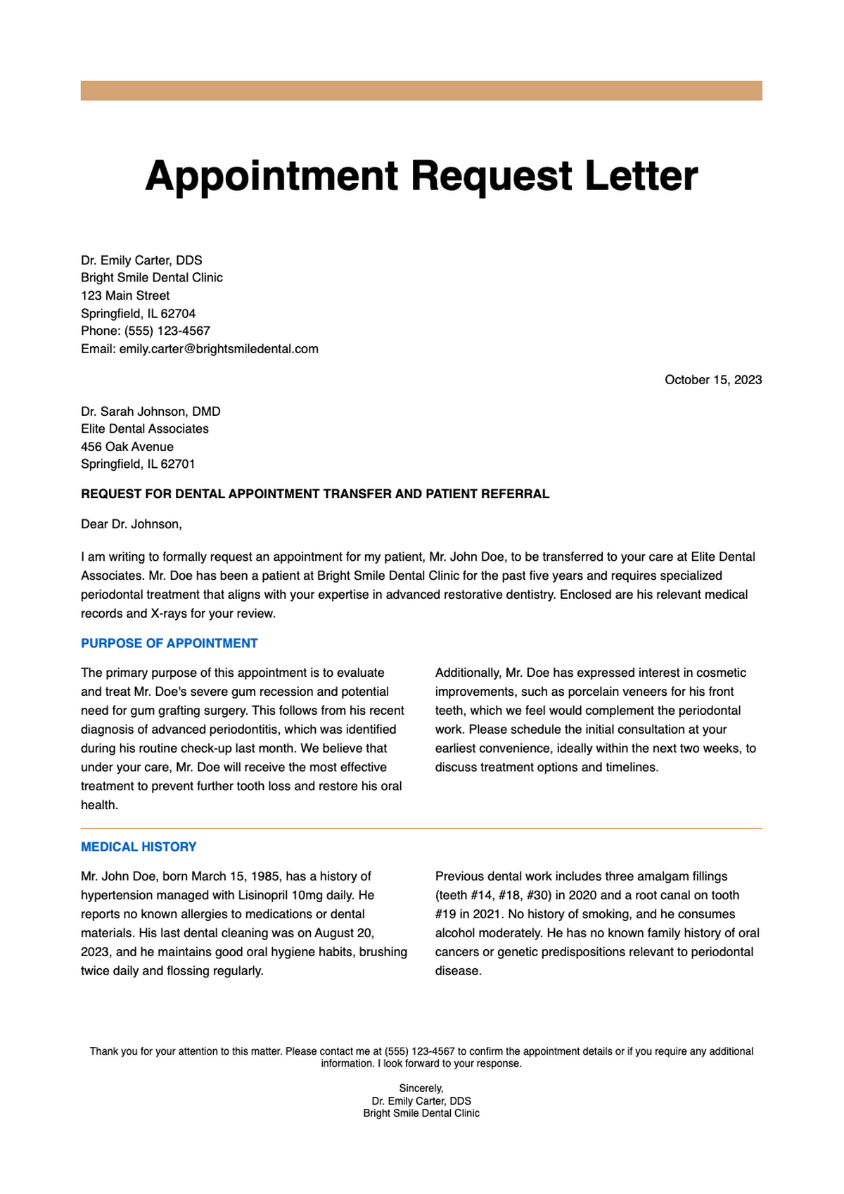 Dental doctor appointment request letter template with placeholders_variant_2